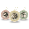 Three round paper craft decoupage gift baubles with string for hanging, featuring vintage images and designs, in beige, green, and pink colors each with a black and white vintage family holiday photo.