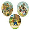 Three decorative decoupage fillable Easter eggs with illustrations of rabbits. Each egg has a different scene: one with a rabbit painting, another with a rabbit holding a egg, and a third with a rabbit playing a drum.
