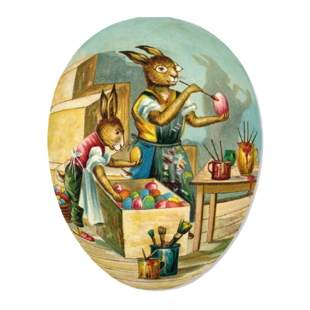 Decorative decoupage fillable Easter egg with an illustration of rabbits. Each egg has a different scene: This one has rabbits painting Easter eggs.