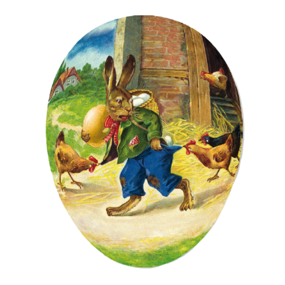 Decorative decoupage fillable Easter egg with an illustration of rabbits. Each egg has a different scene: This one has a rabbit being chased by hens carrying a basket of eggs.