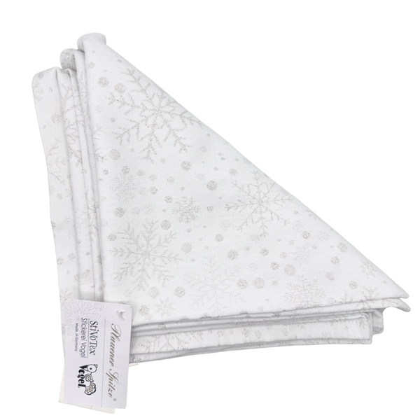 Folded white napkins, in a triangular shape with silver snowflake and dots pattern on a white background