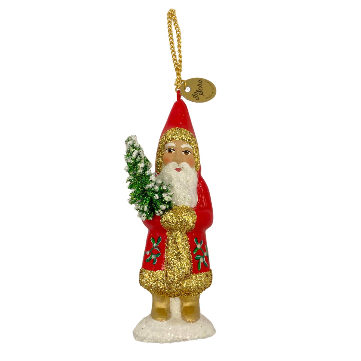 Santa with Tree, Papier Mache Ornament, red with gold glitter and holly decor by Ino Schaller