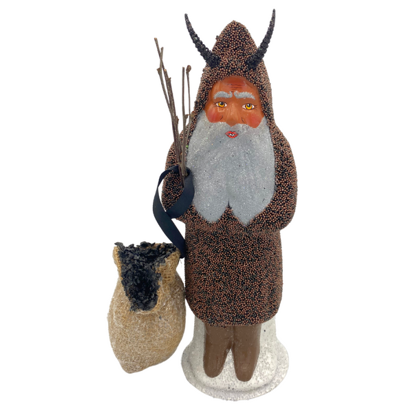 Krampus with coal sack, Paper Mache Candy Container, black and copper beaded, by Ino Schaller