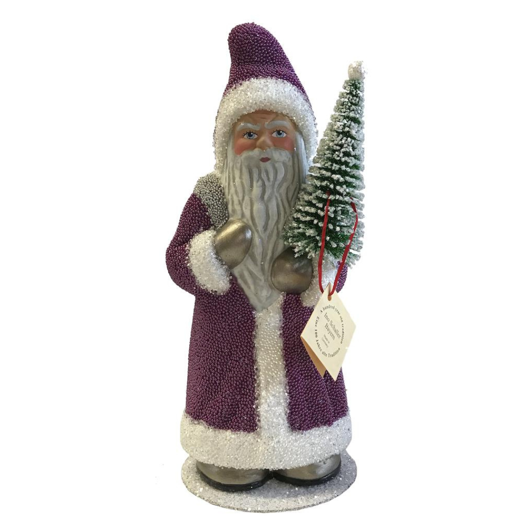New Santa with Lavender Beads, Papier Mache Candy Container by Ino Schaller