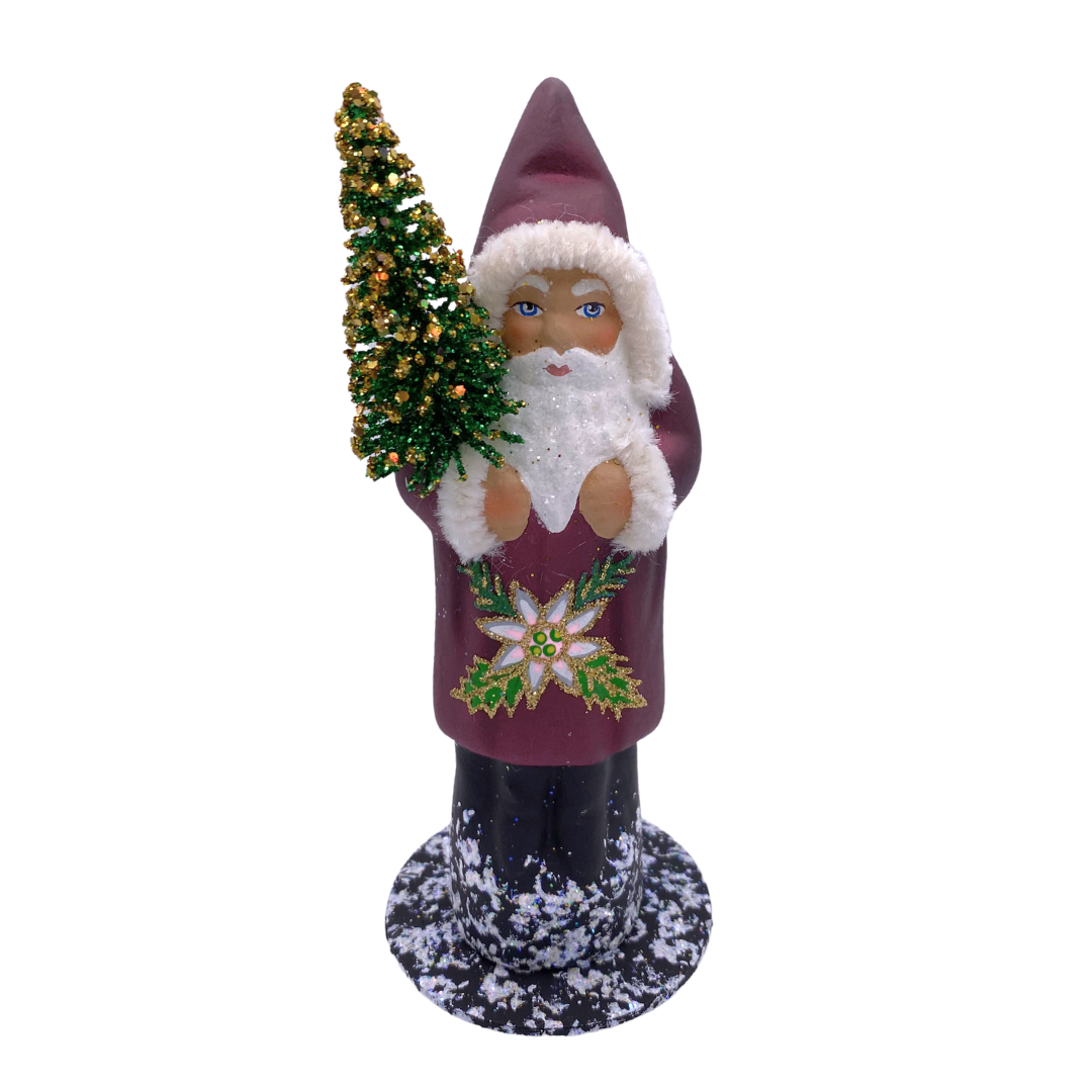 Santa with Bottle Brush Tree, Paper Mache Candy Container, wine with pink poinsettia decor, by Ino Schaller