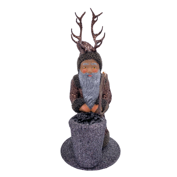 Krampus with Coal Basket, Paper Mache Figure, bronze glitter with black beaded trim, by Ino Schaller