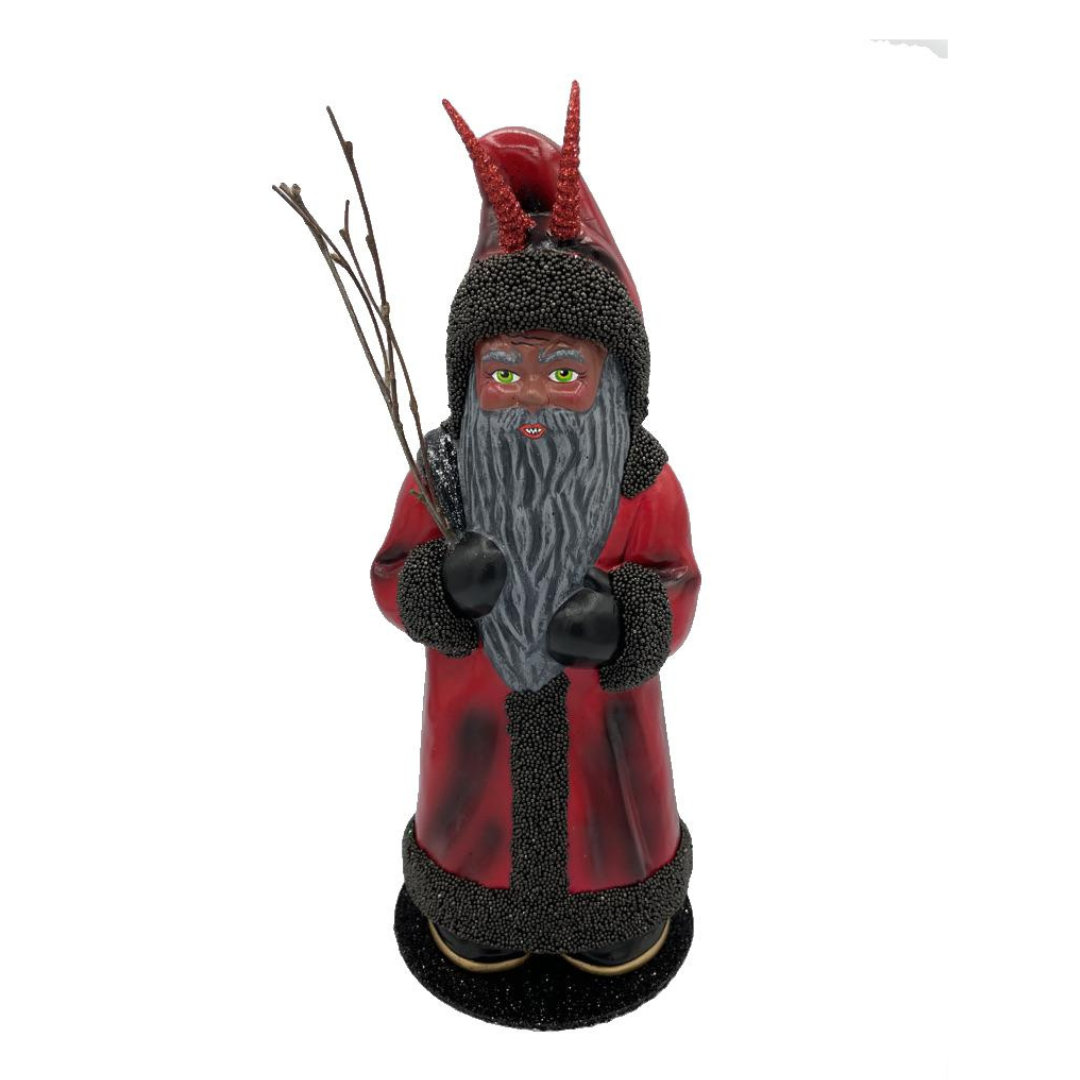 Krampus Candy Container with Switches, red coat with beaded trim by Ino Schaller