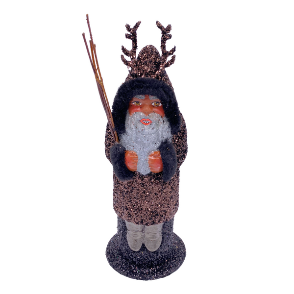 Krampus with Switches, Paper Mache Figure, bronze glitter with black chenille trim, by Ino Schaller