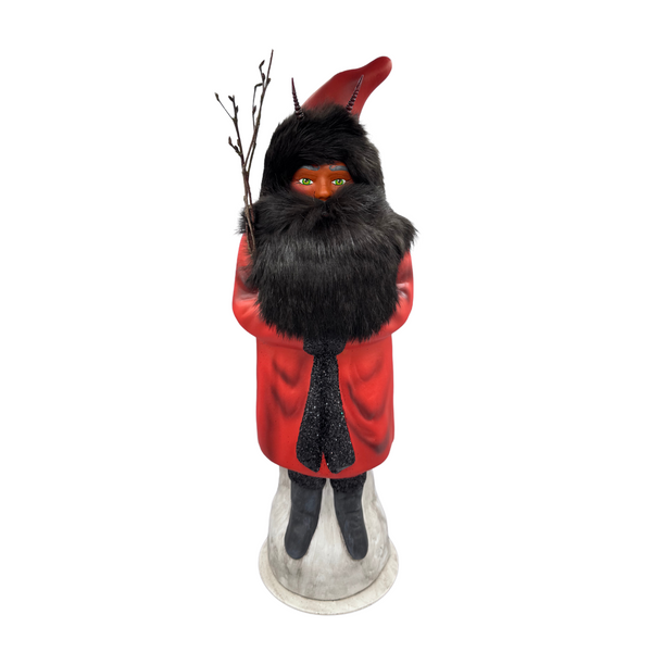 Krampus Papier Mache Figure with Switches, red with black fur trim by Ino Schaller