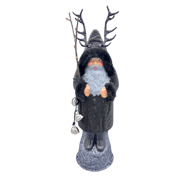Krampus Papier Mache Figure with silver Bells, black beaded by Ino Schaller