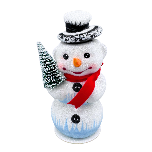 Snowman with Bottle Brush Tree, Papier Mache Candy Container by Ino Schaller