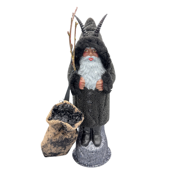 Krampus Papier Mache Figure with Coal Bag, black beaded with chenille trim by Ino Schaller