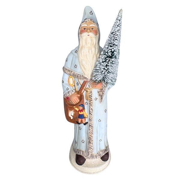 Santa in Cloak with Tree, Papier Mache CC or Fig? light blue by Ino Schaller