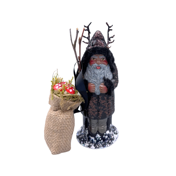 Krampus Papier Mache Figure with Mushroom Bag, black with bronze glitter by Ino Schaller