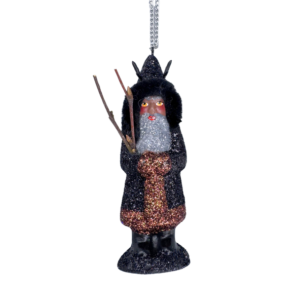 Krampus Papier Mache Ornament, black and bronze glitter with chenille trim by Ino Schaller