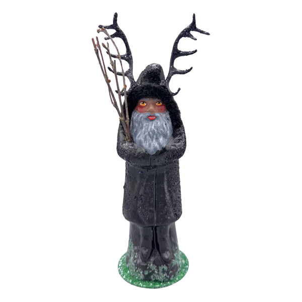 Krampus Papier Mache Figure with Swithces, black with green base by Ino Schaller