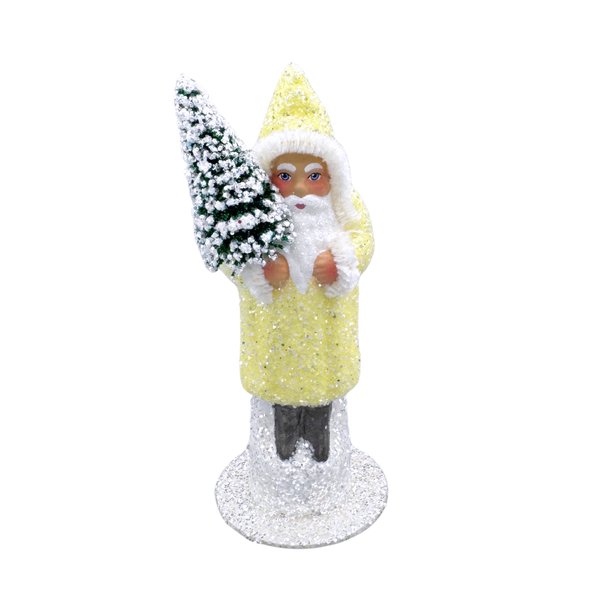 Santa Papier Mache Figure with Bottle Brush Tree, pale yellow by Ino Schaller