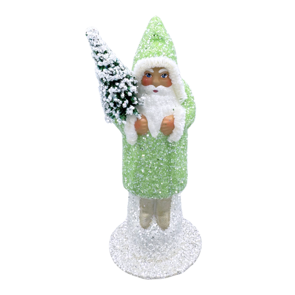 Santa Papier Mache Figure with Bottle Brush Tree, pale green by Ino Schaller