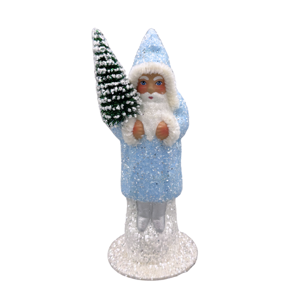 Santa Papier Mache Figure with Bottle Brush Tree, pale blue by Ino Schaller