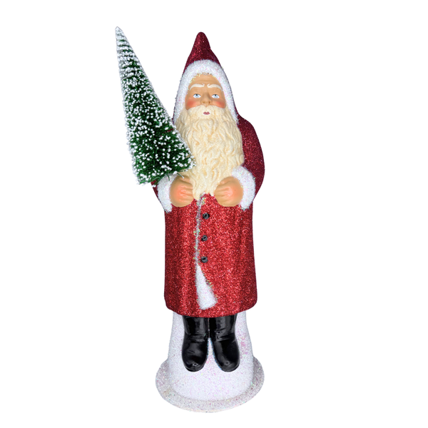 Santa Candy Container with Bottle Brush Tree, red glitter