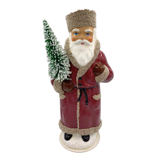 Santa in Russian Hat, Paper Mache Candy Container, wine with gold beads, by Ino Schaller