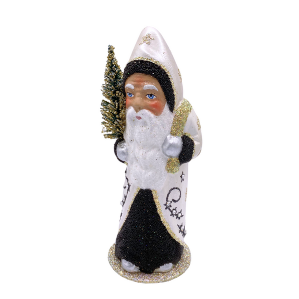 Santa with Bottle Brush Tree, Paper Mache Figure, Ivory Pearl with black and gold, by Ino Schaller