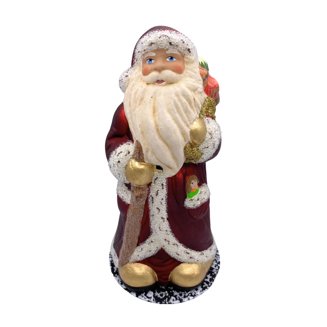 Santa with Sack of Toys, Paper Mache Candy Container, oxblood with beaded trim, by Ino Schaller