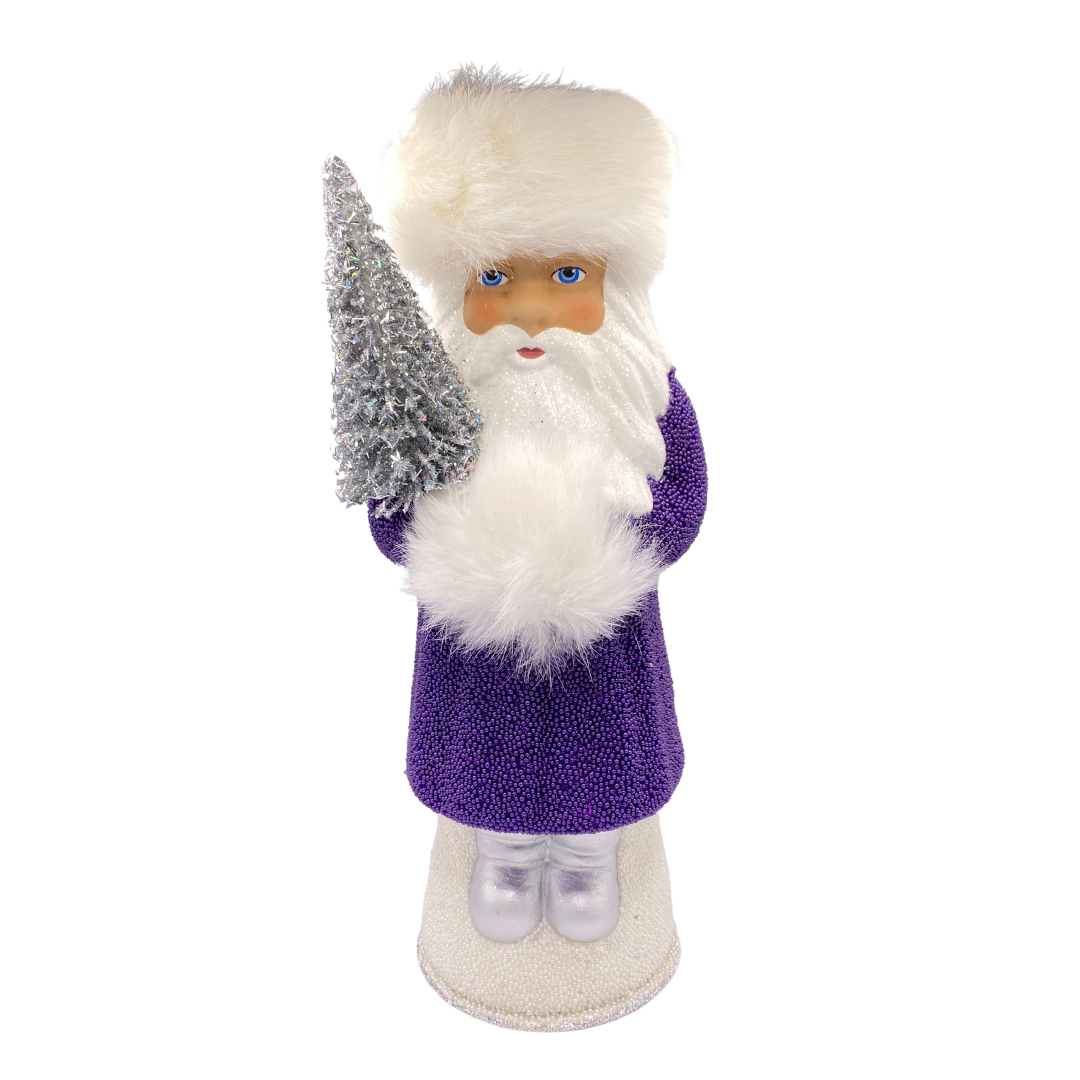 Santa in Russian Hat, Paper Mache Candy Container, purple beads with white fur, by Ino Schaller