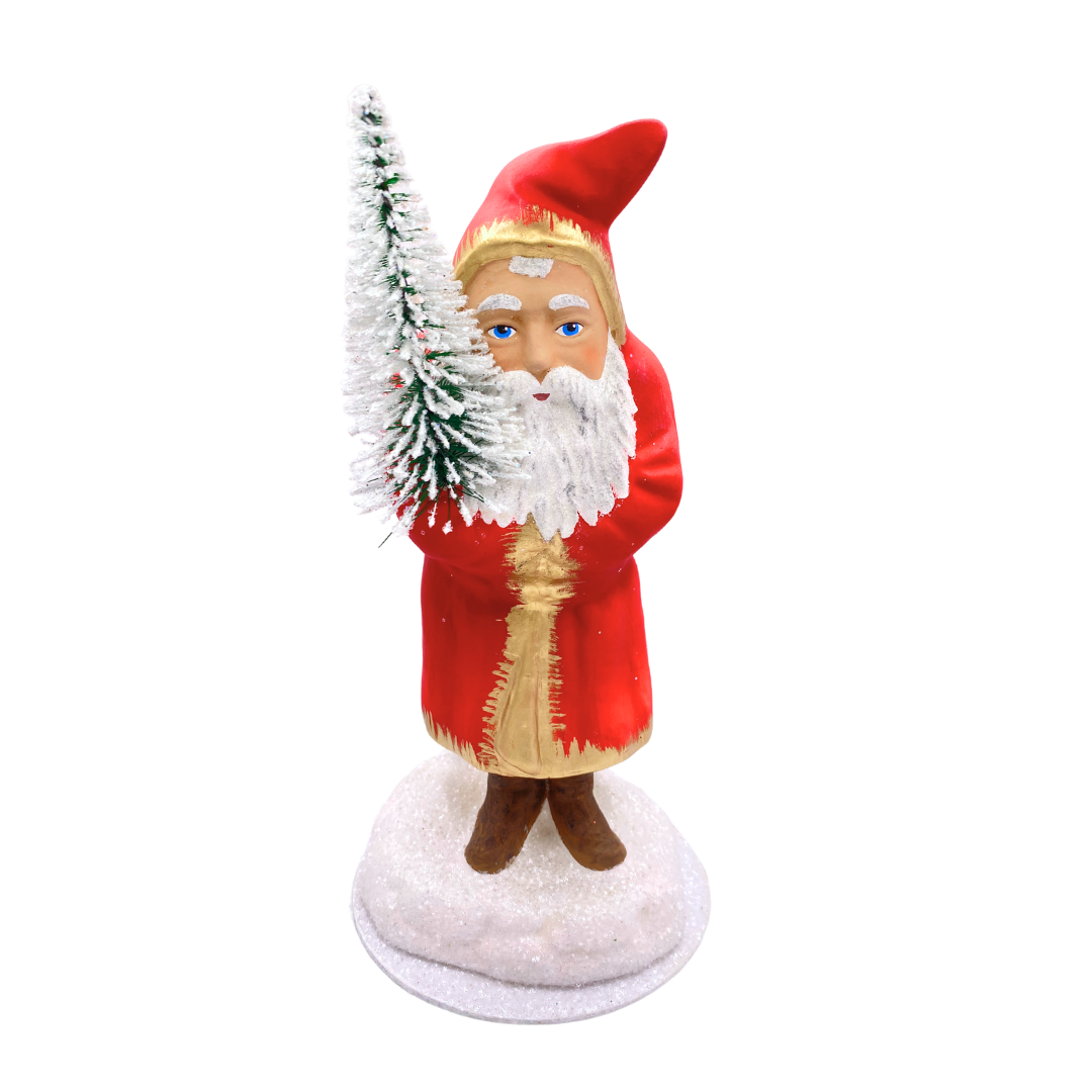 Santa with Bottle Brush Tree, Paper Mache Figure, red with gold trim, by Ino Schaller