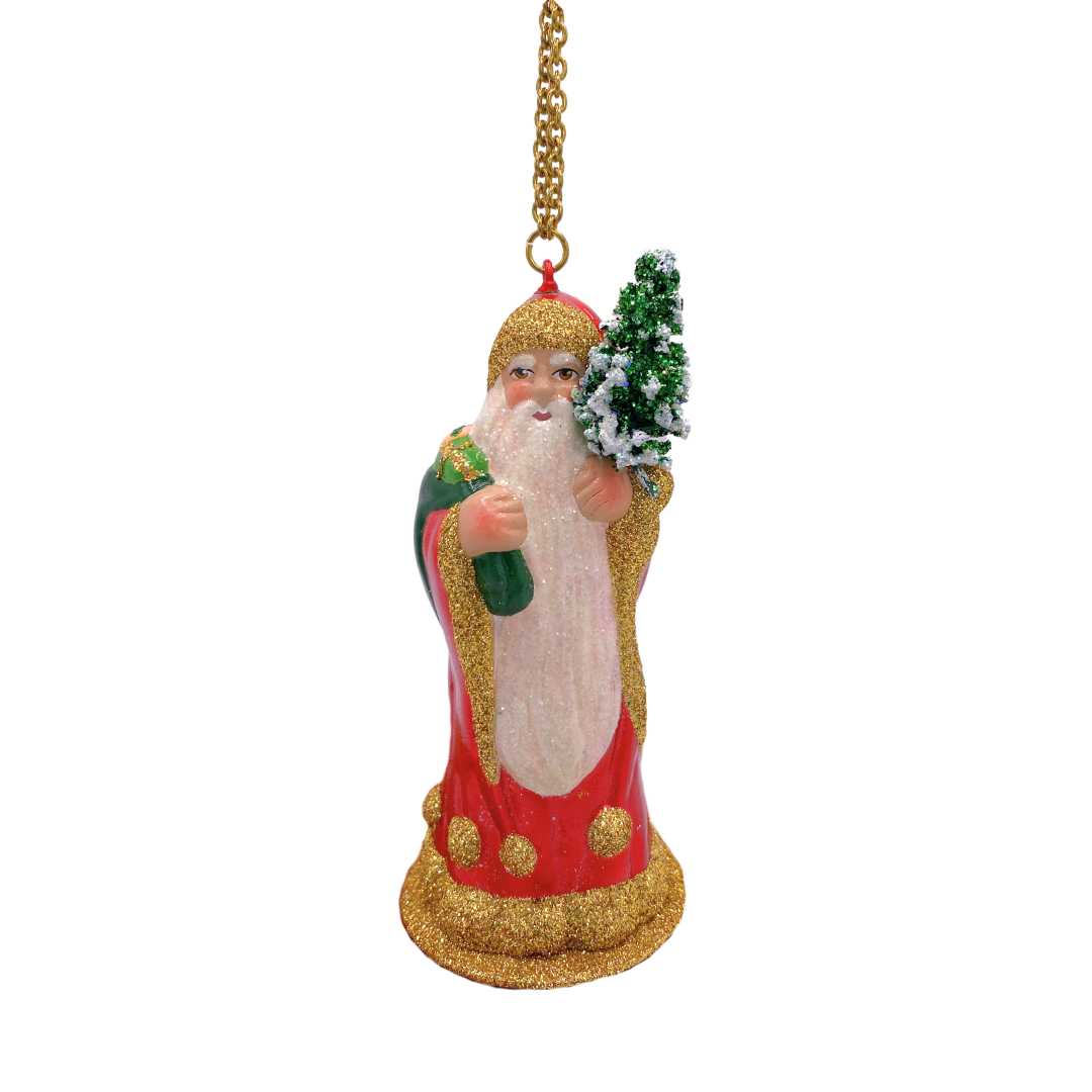 Santa with Tree, Paper Mache Ornament, red with gold glitter, by Ino Schaller