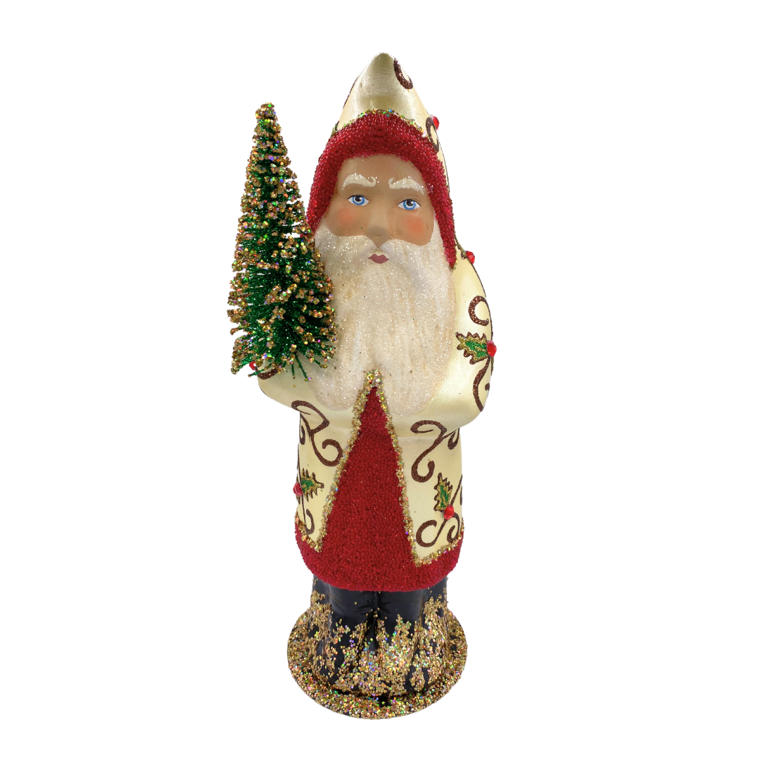 Santa with Bottle Brush Tree, Paper Mache Candy Container, ivory pearl with beaded red trim and swirl decor, by Ino Schaller