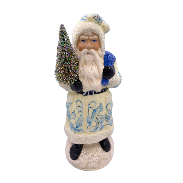 Santa in Belted Coat with Tree, Paper Mache Candy Container, cream with delft blue, by Ino Schaller