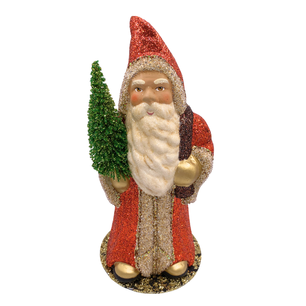 Santa with Bottle Brush Tree, Paper Mache Candy Container, copper glitter with beaded trim, by Ino Schaller