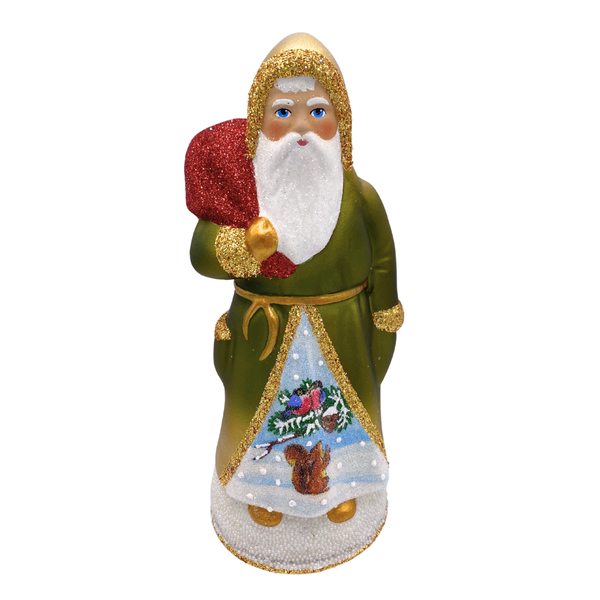 Santa with Sack, Paper Mache Candy Container, olive ombre with woodland scene, by Ino Schaller