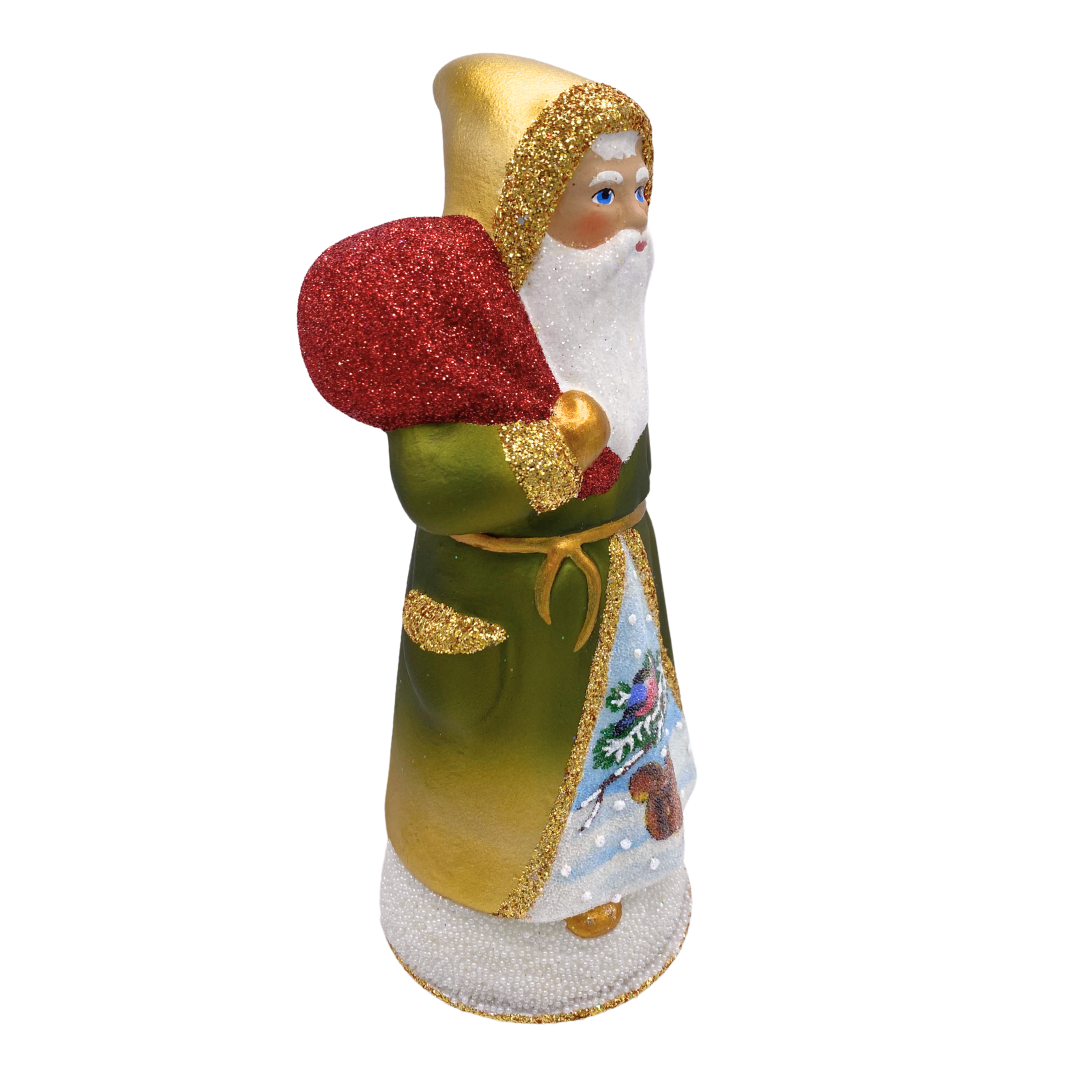 Santa with Sack, Paper Mache Candy Container, olive ombre with woodland scene, by Ino Schaller