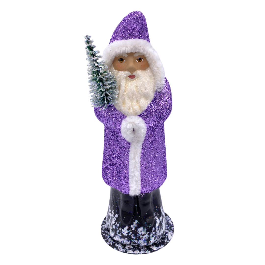 Santa with Bottle Brush Tree, Paper Mache Figure, purple glitter with chenille trim, by Ino Schaller