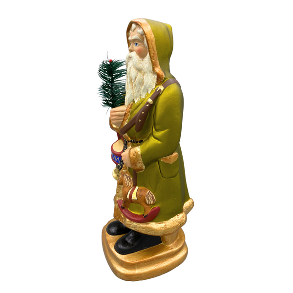 Santa in Belted Coat with Feather Tree, Paper Mache Candy Container, Olive pearl woth toys, by Ino Schaller