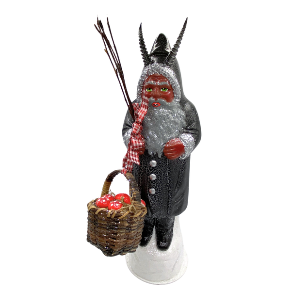 Krampus with mushroom basket, Paper Mache Candy Container, black crackle finish, by Ino Schaller