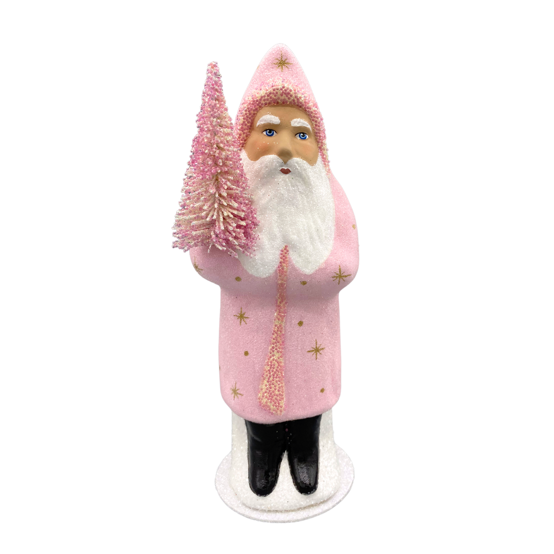 Santa with Bottle Brush Tree, Paper Mache Candy Container, pink with gold stars, by Ino Schaller