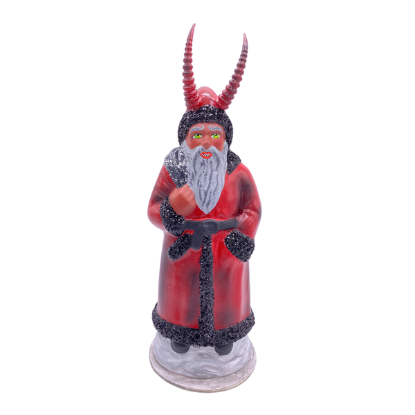 Krampus with sack, Paper Mache Figure, red with black trim, by Ino Schaller