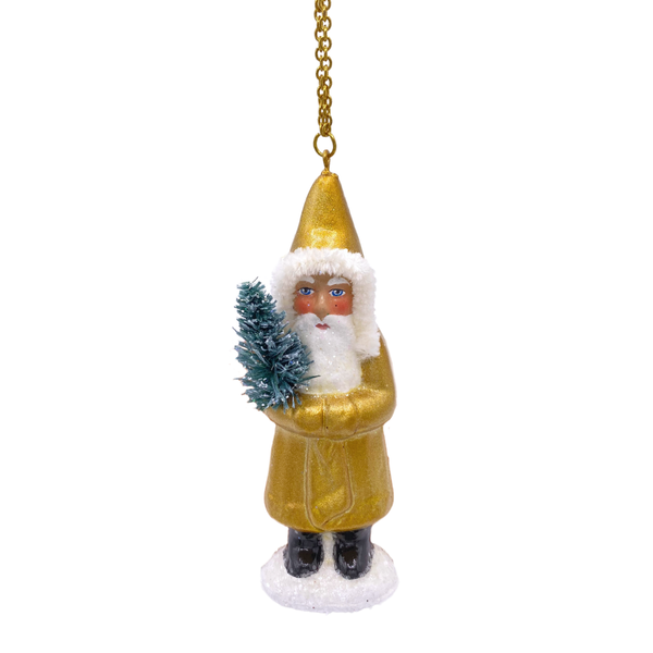 Santa with Tree, Paper Mache Ornament, gold pearl with chenille trim, by Ino Schaller