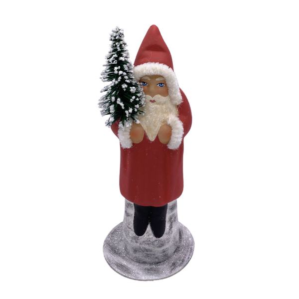 Santa with Bottle Brush Tree, Paper Mache Figure, matte red with white chenille trim, by Ino Schaller