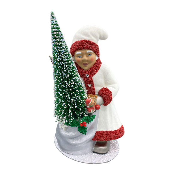 Mrs. Claus with Bottle Brush Tree, Paper Mache Figure, white with red beaded trim, by Ino Schaller