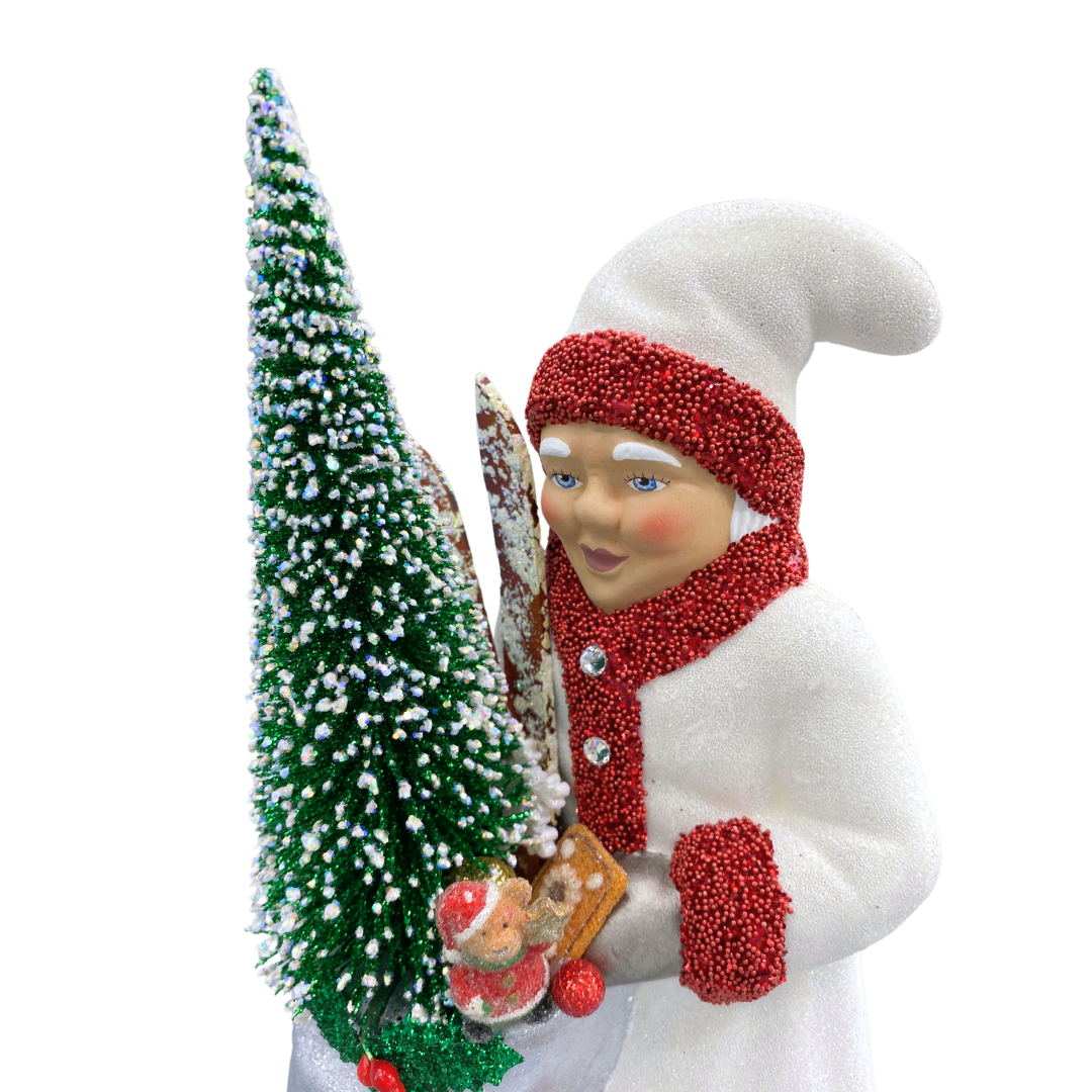 Mrs. Claus with Bottle Brush Tree, Paper Mache Figure, white with red beaded trim, by Ino Schaller