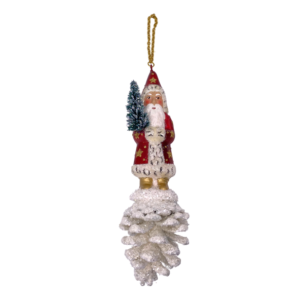 Santa on Pinecone, Paper Mache Ornament, red with white glitter, by Ino Schaller