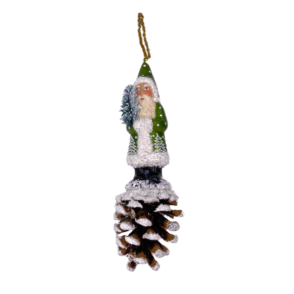 Santa on Pinecone, Paper Mache Ornament, avocado green with white glitter, by Ino Schaller