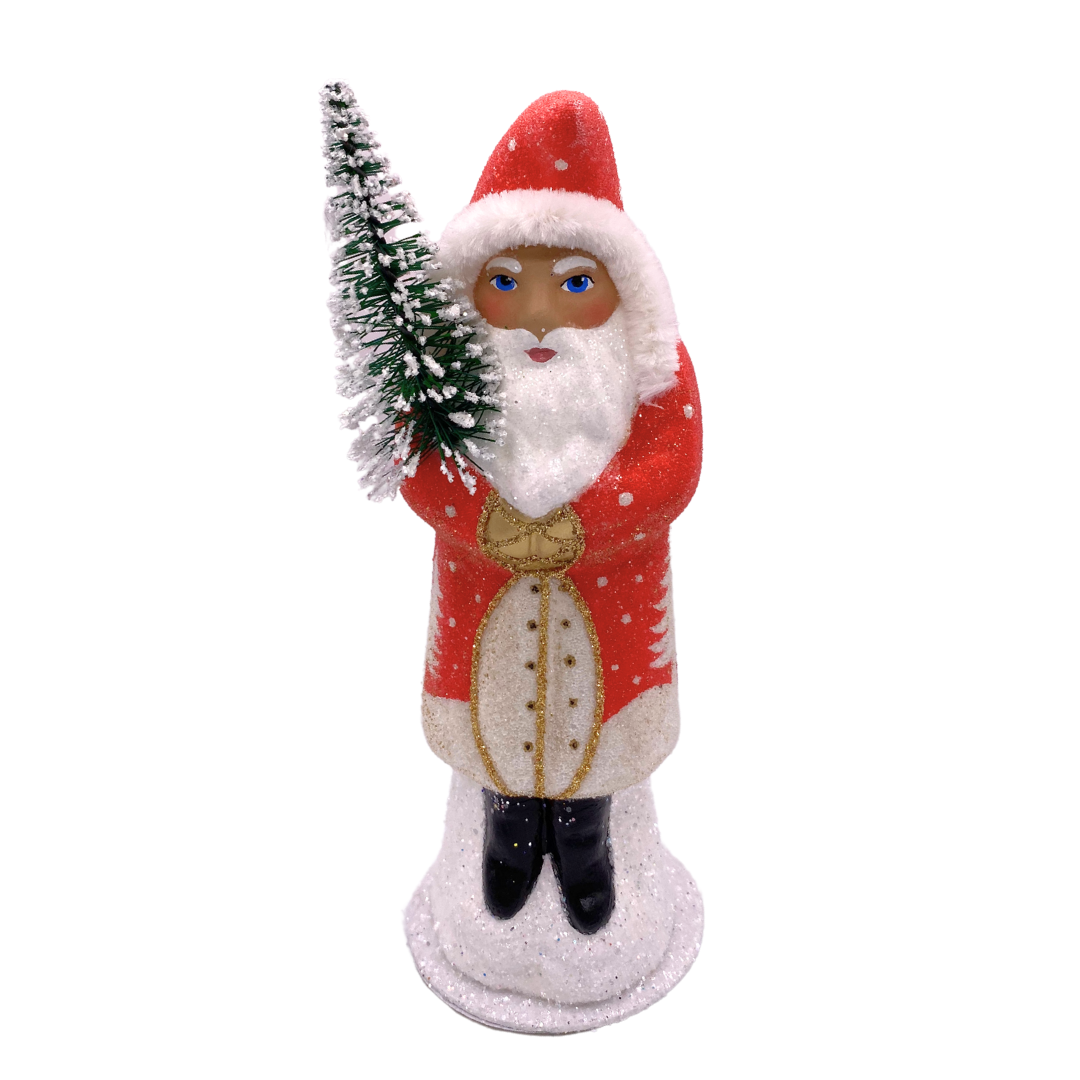 Santa with Bottle Brush Tree, Paper Mache Candy Container, red with white tree scene and chenille trim, by Ino Schaller