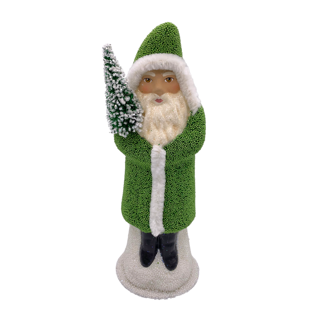 Santa with Bottle Brush Tree, Paper Mache Candy Container, lime beaded with chenille trim, by Ino Schaller