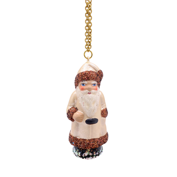 Santa with Tree, Paper Mache Ornament, cream pearl with bronze glitter, by Ino Schaller