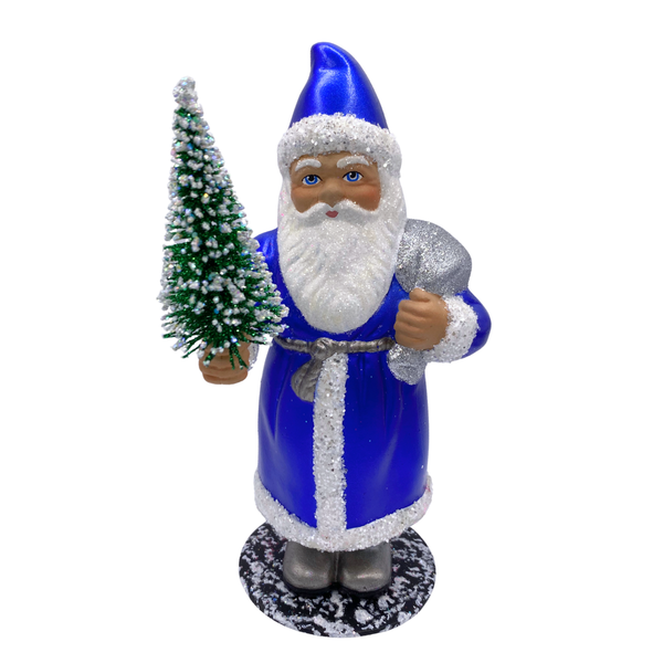 Santa with Belted Coat and Bottle Brush Tree, Paper Mache Figure, royal blue with white beaded trim, by Ino Schaller